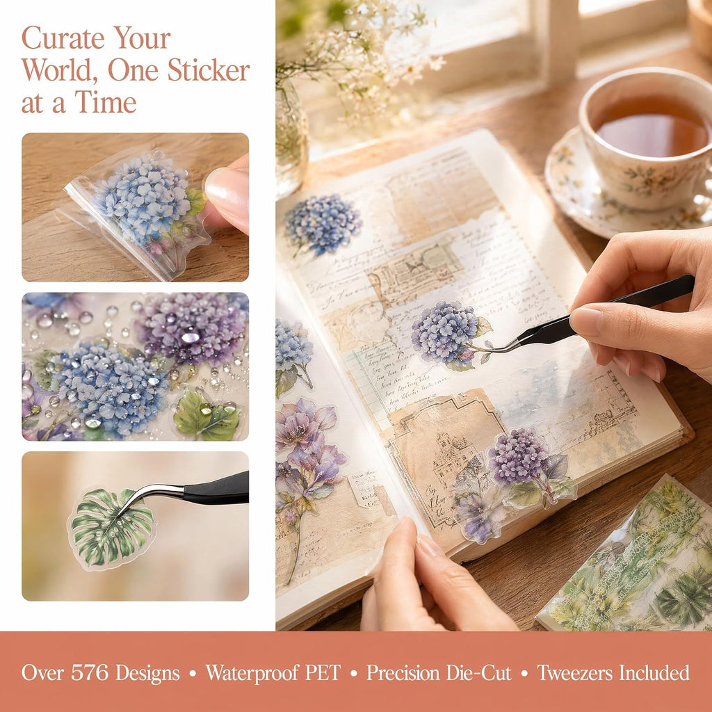 Flower Stickers 576+ PCS Vintage Floral PET with Metal Tweezer | Transparent PET, Waterproof, 36 Sheets Floral Designs, Pre-Cut, Scrapbook Decorations For Scrapbooks & Collage Journals