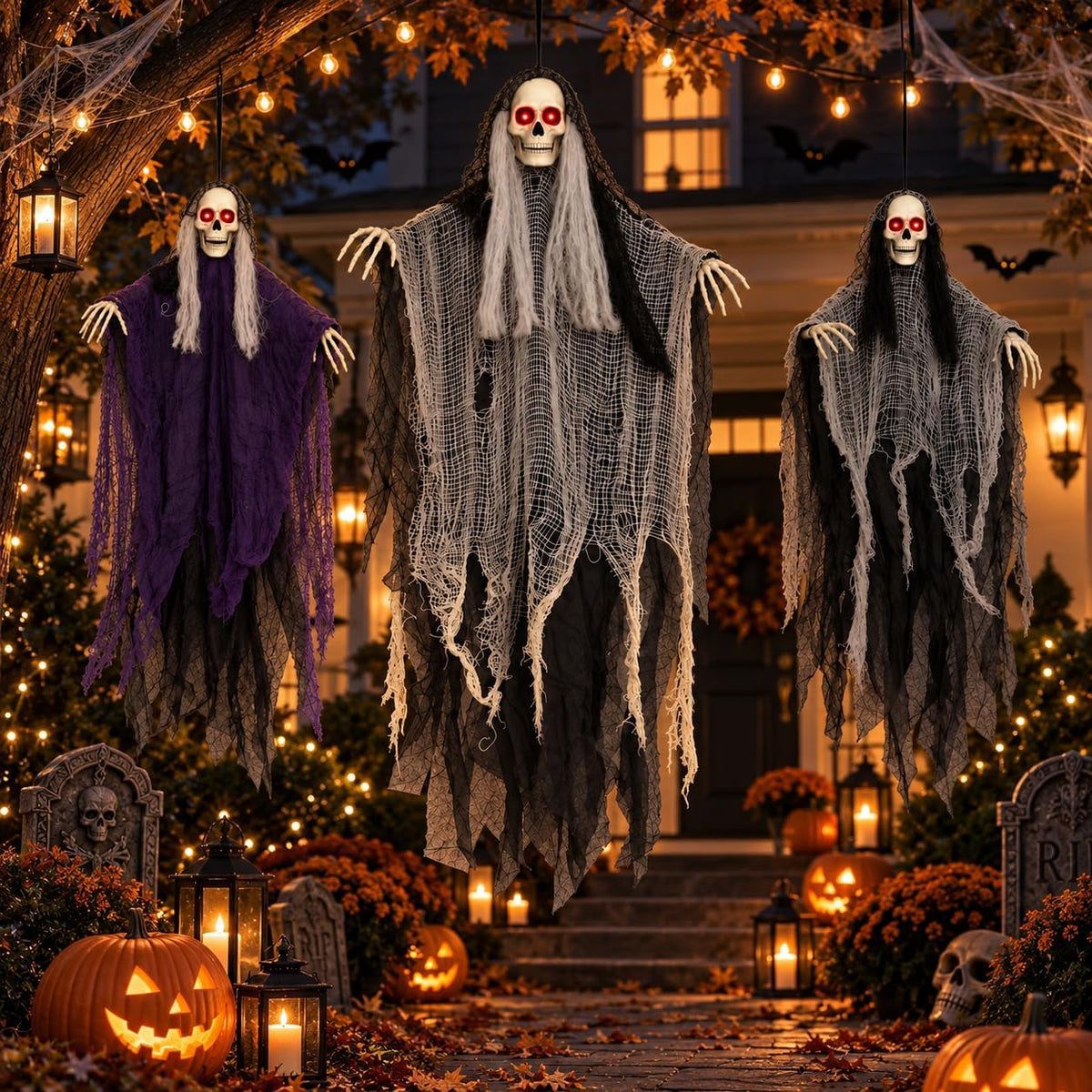 Halloween Decorations Outdoor, 3 Pack Glowing Eyes Hanging Skeleton Ghosts