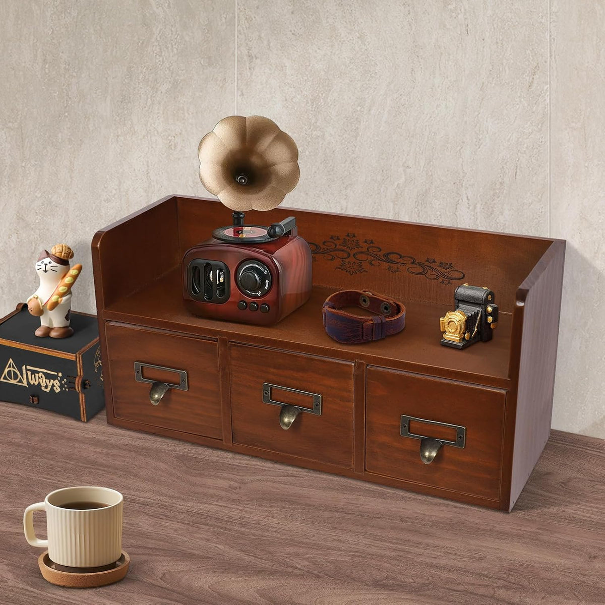 Desk Organizer with 3 Drawers, Wooden Apothecary Cabinet Desktop Storage Shel...