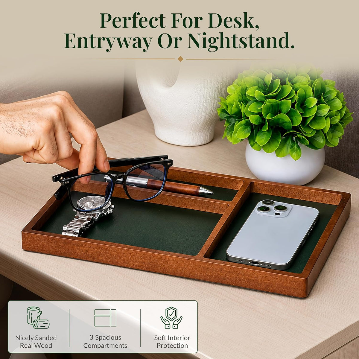 ReeKi Solid Wood Valet Tray | 3 Slot Desk Drawer Organizer