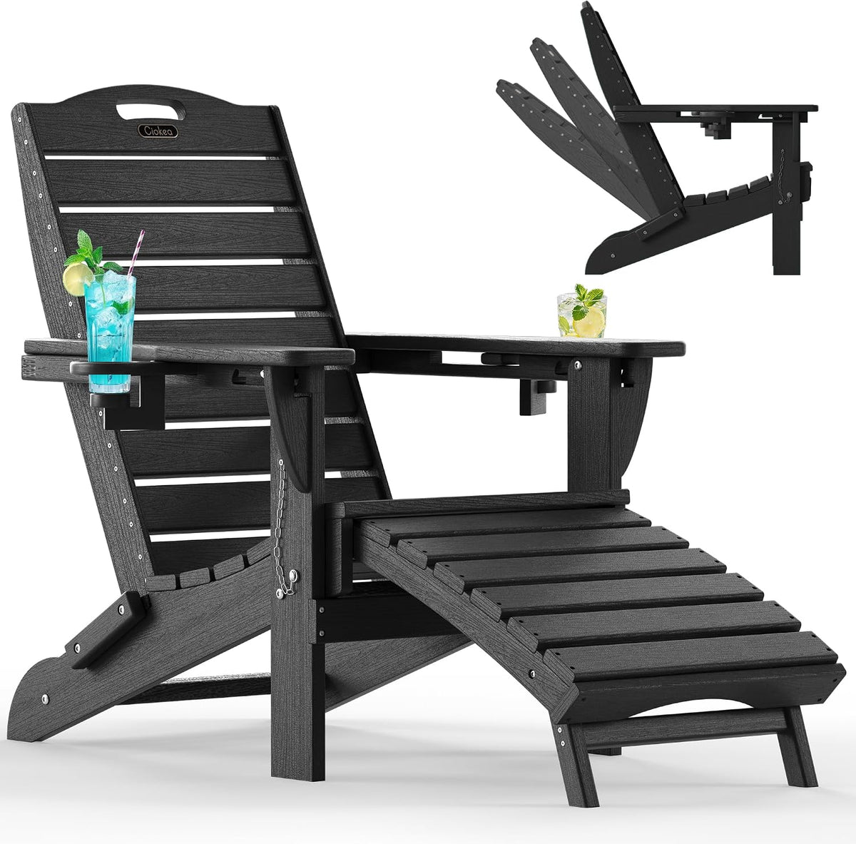Ciokea HDPE Folding Adirondack Chair with Footrest,Black,1