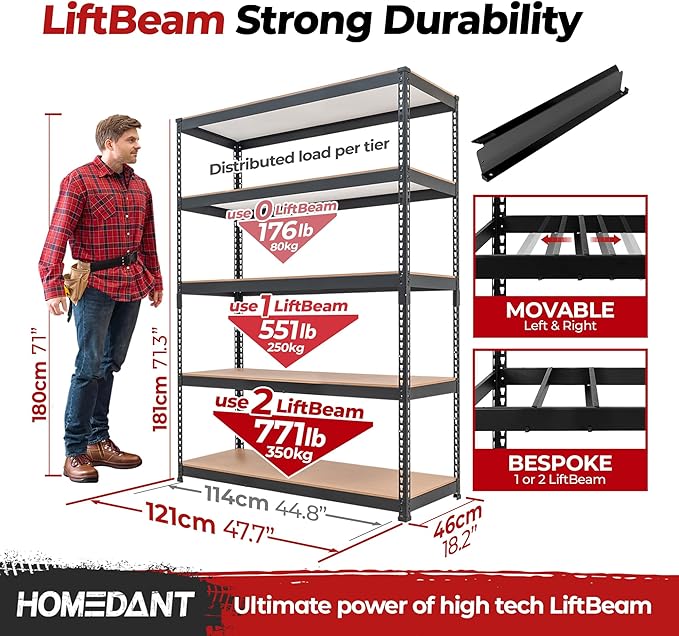 HOMEDANT 5 Tier Storage Shelves Adjustable Laminated Boltless Garage Metal - Image 2