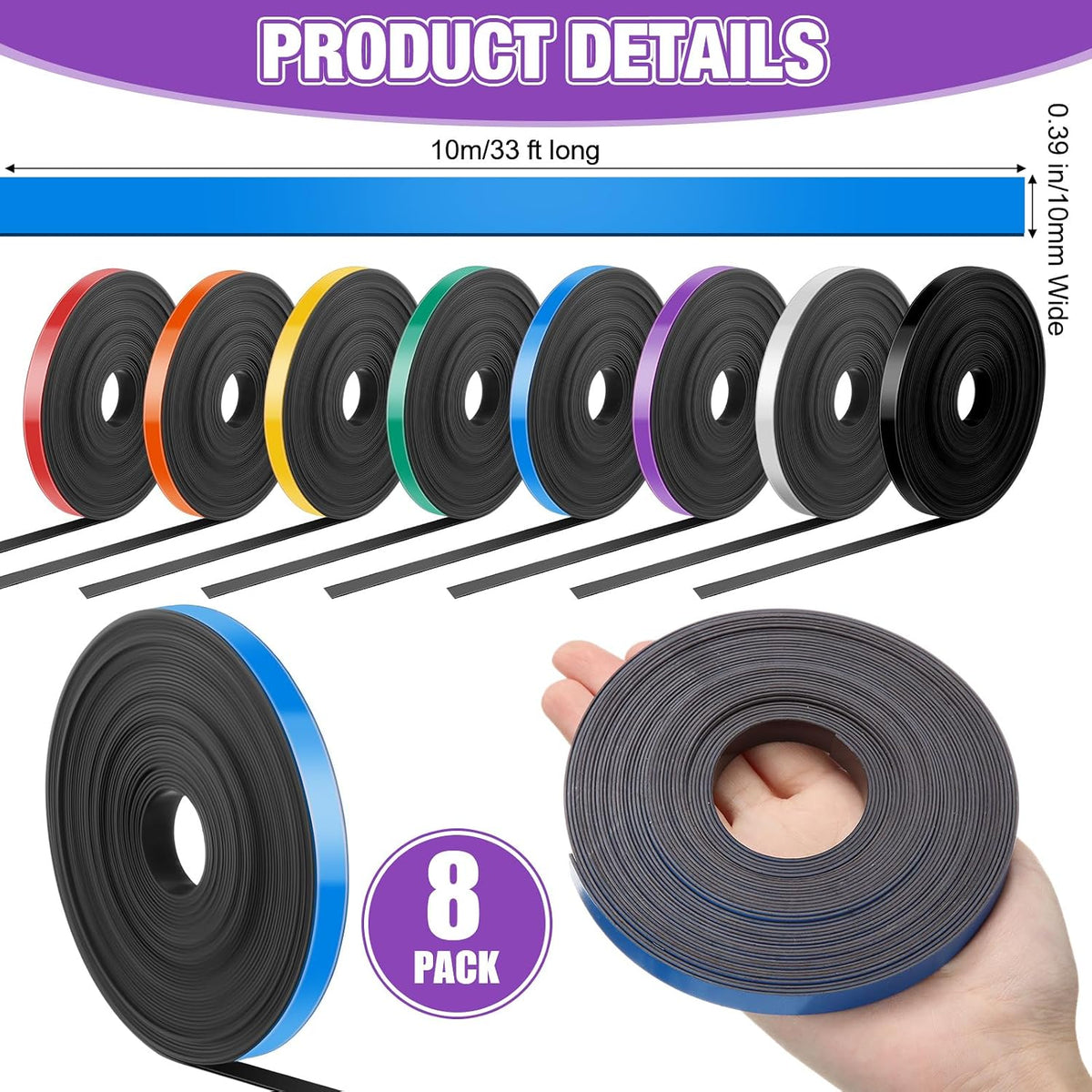 8 Rolls Whiteboard Magnetic Tape Thin Strips, 2/5 Inch x 33 ft, Multicolor