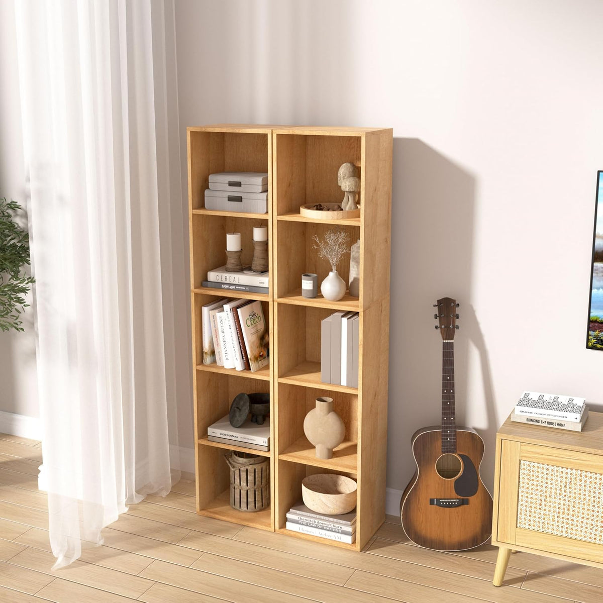 5-Tier Wooden Cube Storage Organizer, 52 Inch Tall Bookcase & Display She...