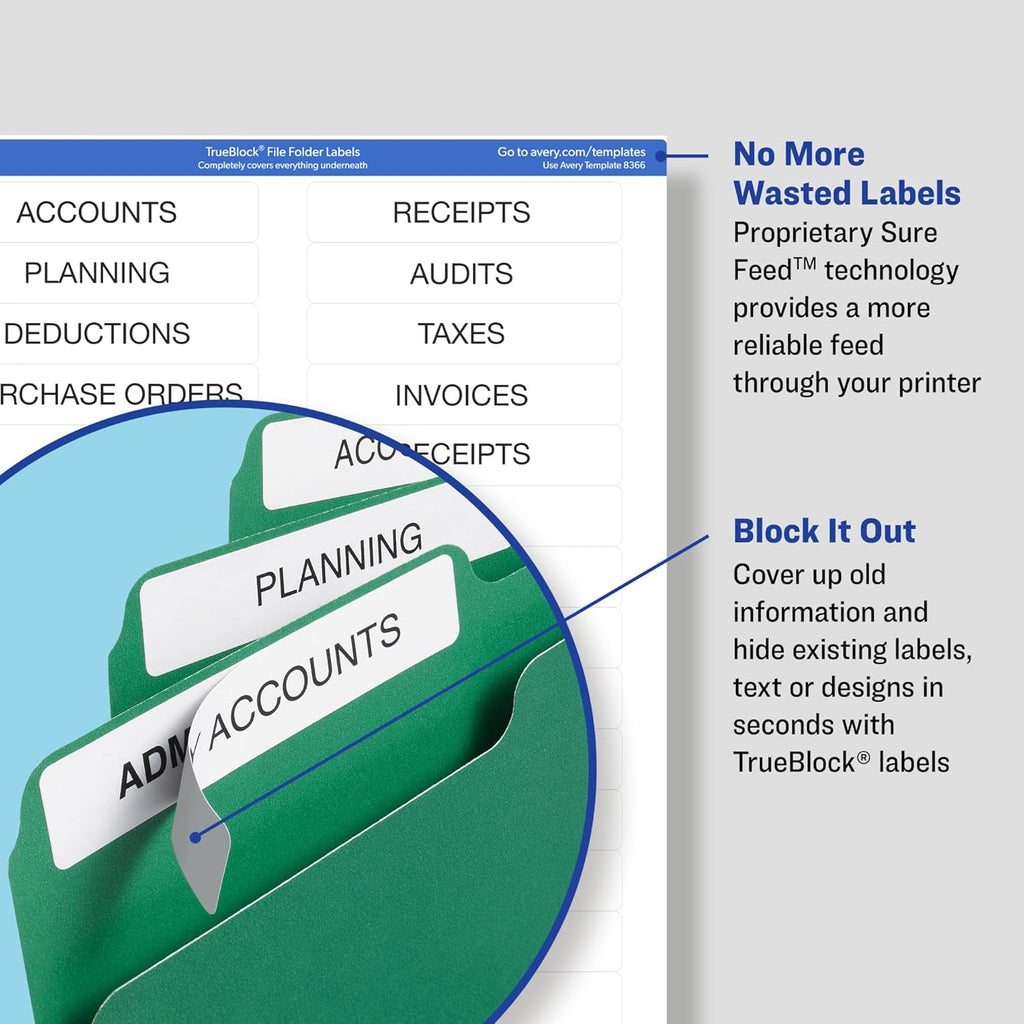 Avery File Folder Labels with TrueBlock Technology, Permanent Adhesive, 2/3" x 3-7/16", Laser/Inkjet, 150 Labels (08593)