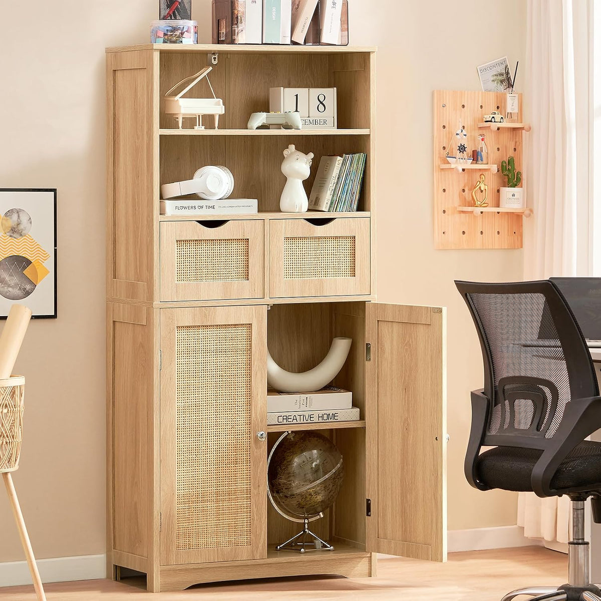 Iwell Tall Storage Cabinet, Rattan Cabinet with 2 Drawers & Adjustable Sh...