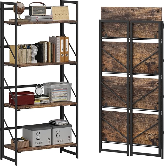 JSB No Assembly Folding Bookshelf, 4 Tier Industrial Metal Book Shelf by HomeFurniture