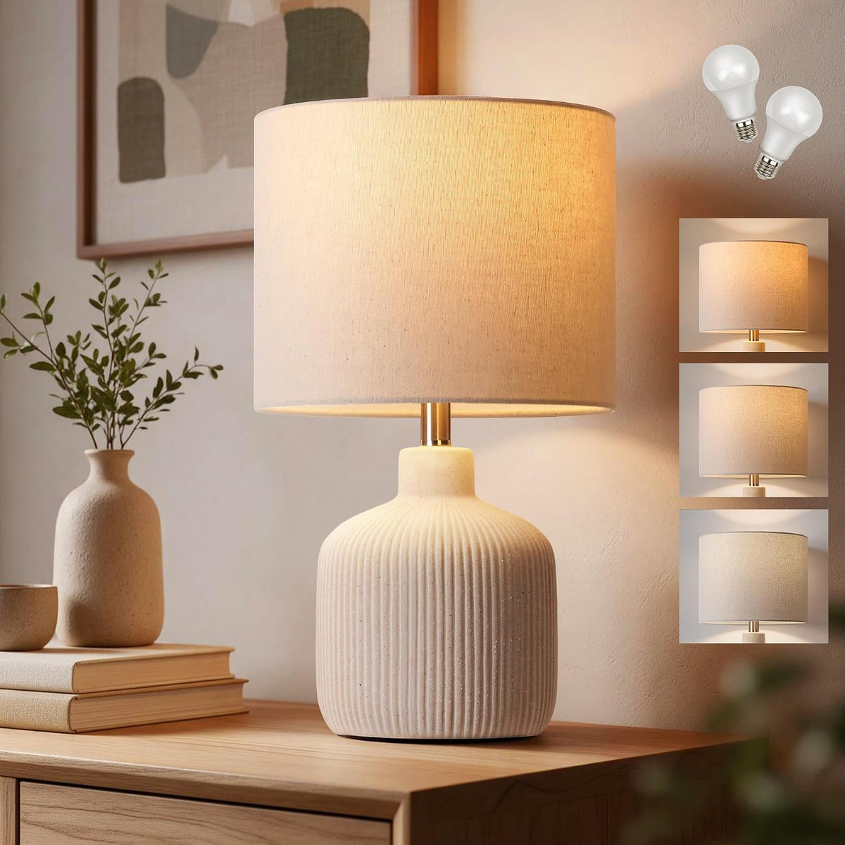 Rustic Ceramic Table Lamp for Living Room Bedroom, 17.75" Nightstand Lamp
