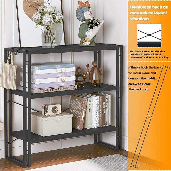 HCHQHS Bookshelf, 3-Tier Industrial Bookcase, Freestanding Horizontal - Image 5