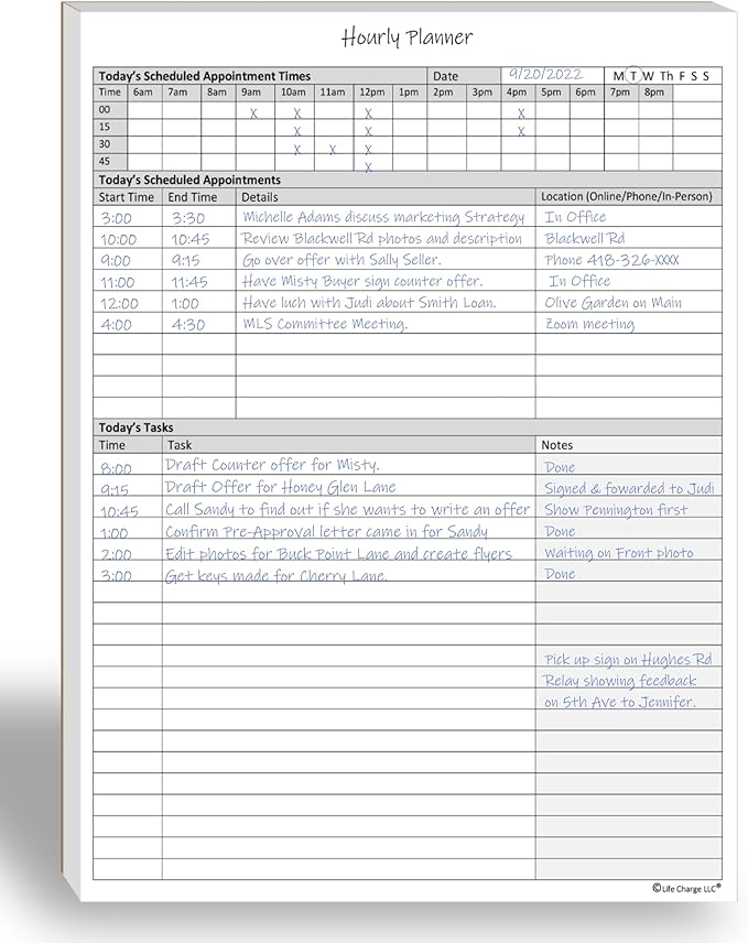 Hourly Planner Notepad. 60 Page Planning Pad w/Appointment Time Block, Task Log by LifeCharge