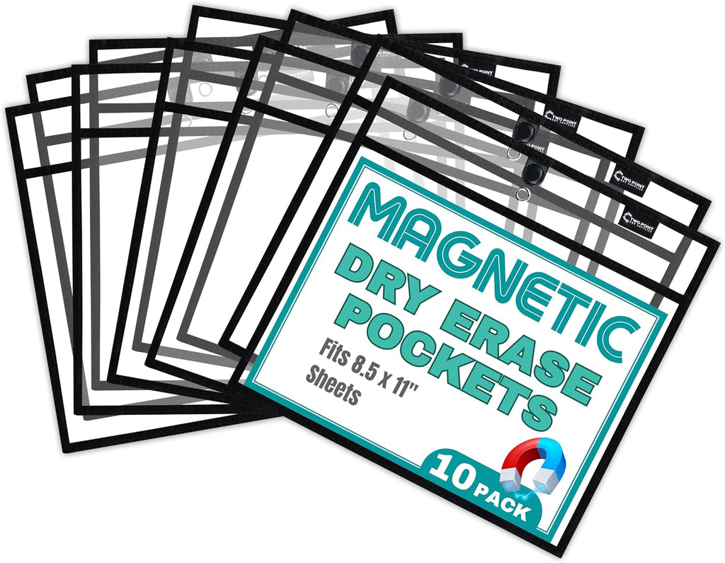 Magnetic Dry Erase Pockets by Two Point (10-Pack) - Landscape - Black Dry Erase Pocket Sleeves, Job Shop Ticket Holders, Clear Paper Sleeves Protectors, Magnetic Pouch