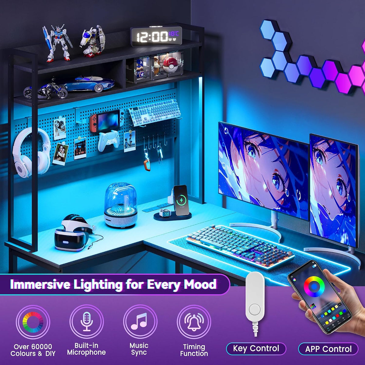 Apicizon L Shaped Gaming Desk 53" with Hutch, LED Light and Drawer