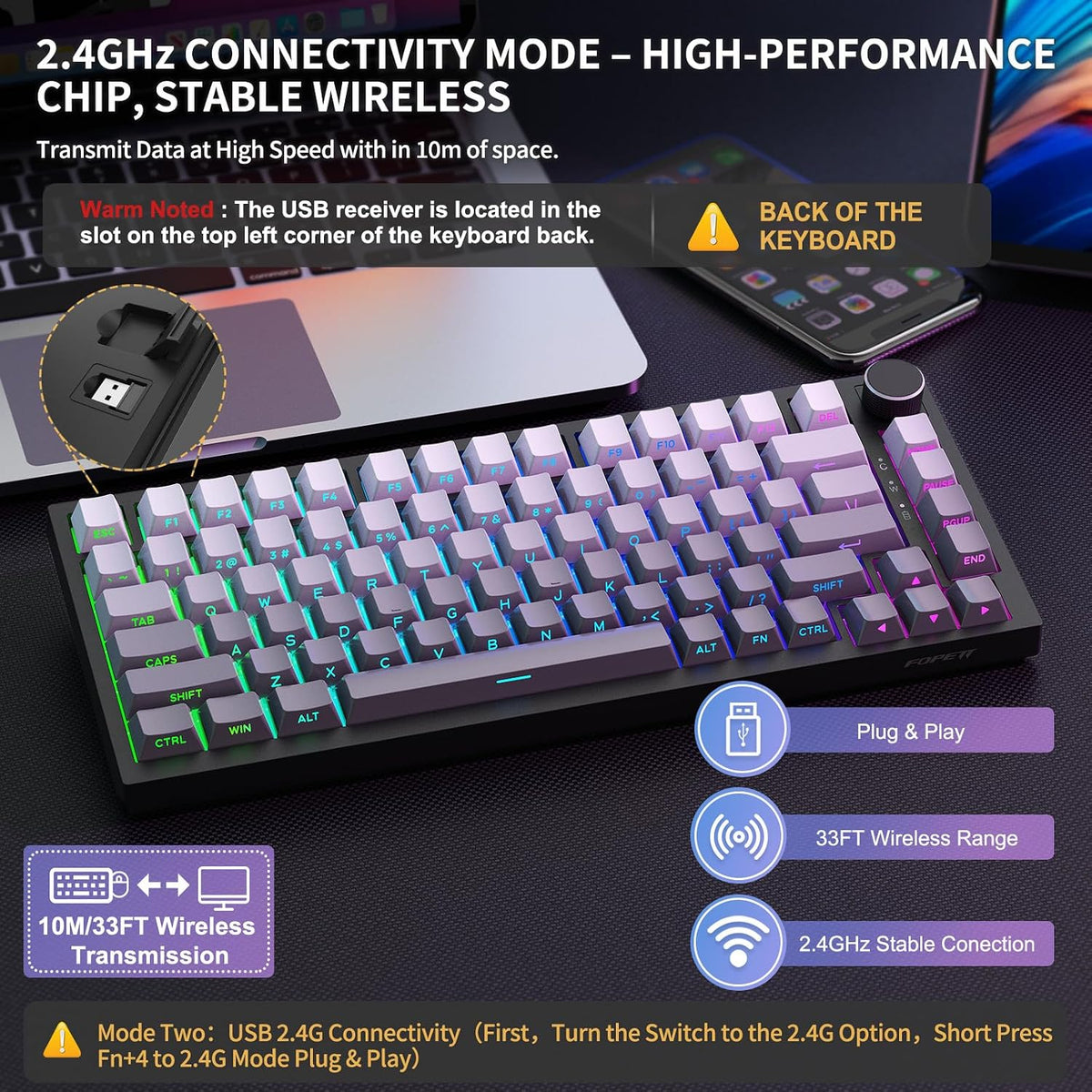 Wireless Mechanical Backlit Gaming Keyboard with Knob,Hot Swappable,Grey