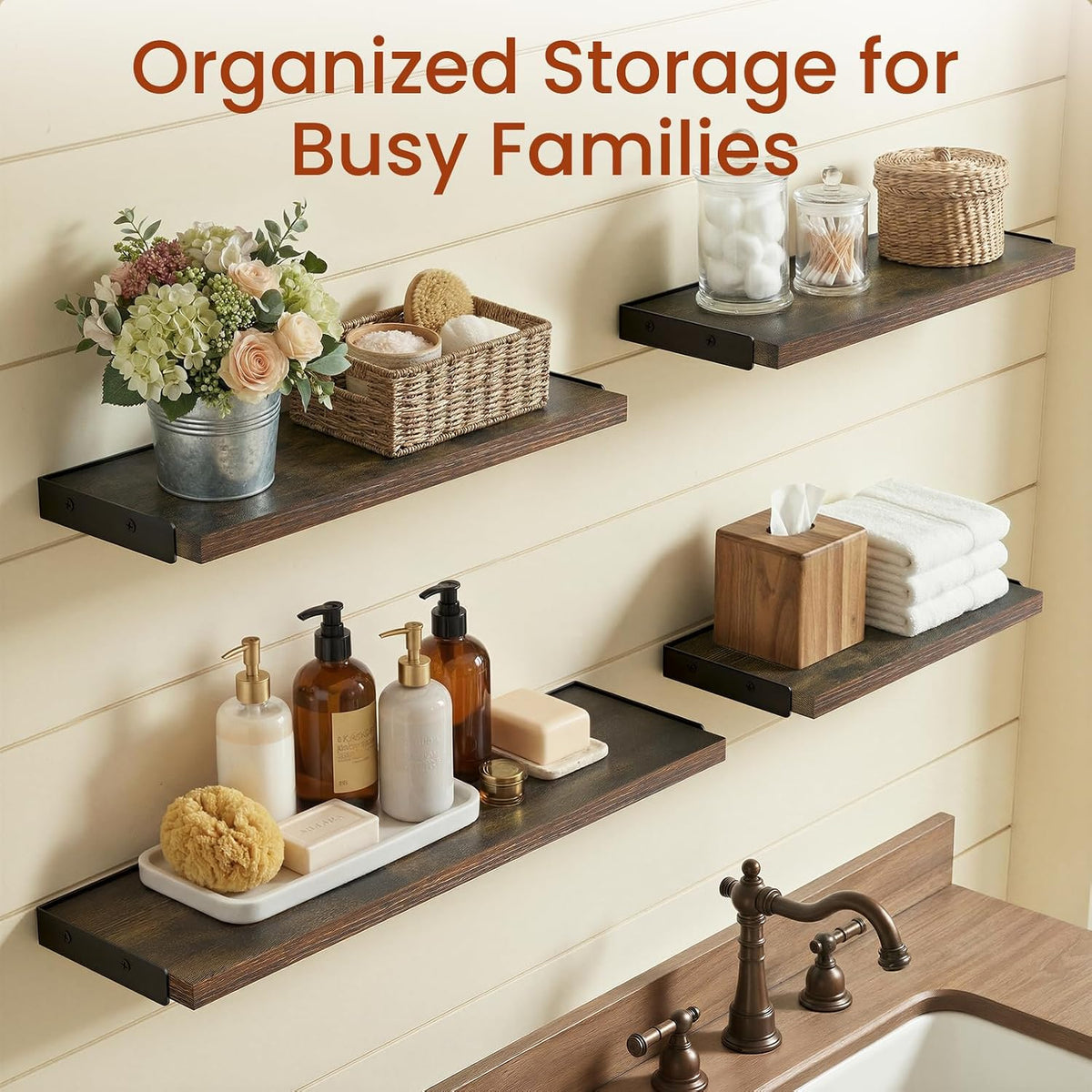 BAYKA Wall Mounted Floating Shelves (Rustic Brown, Set of 4, 16" Mixed)