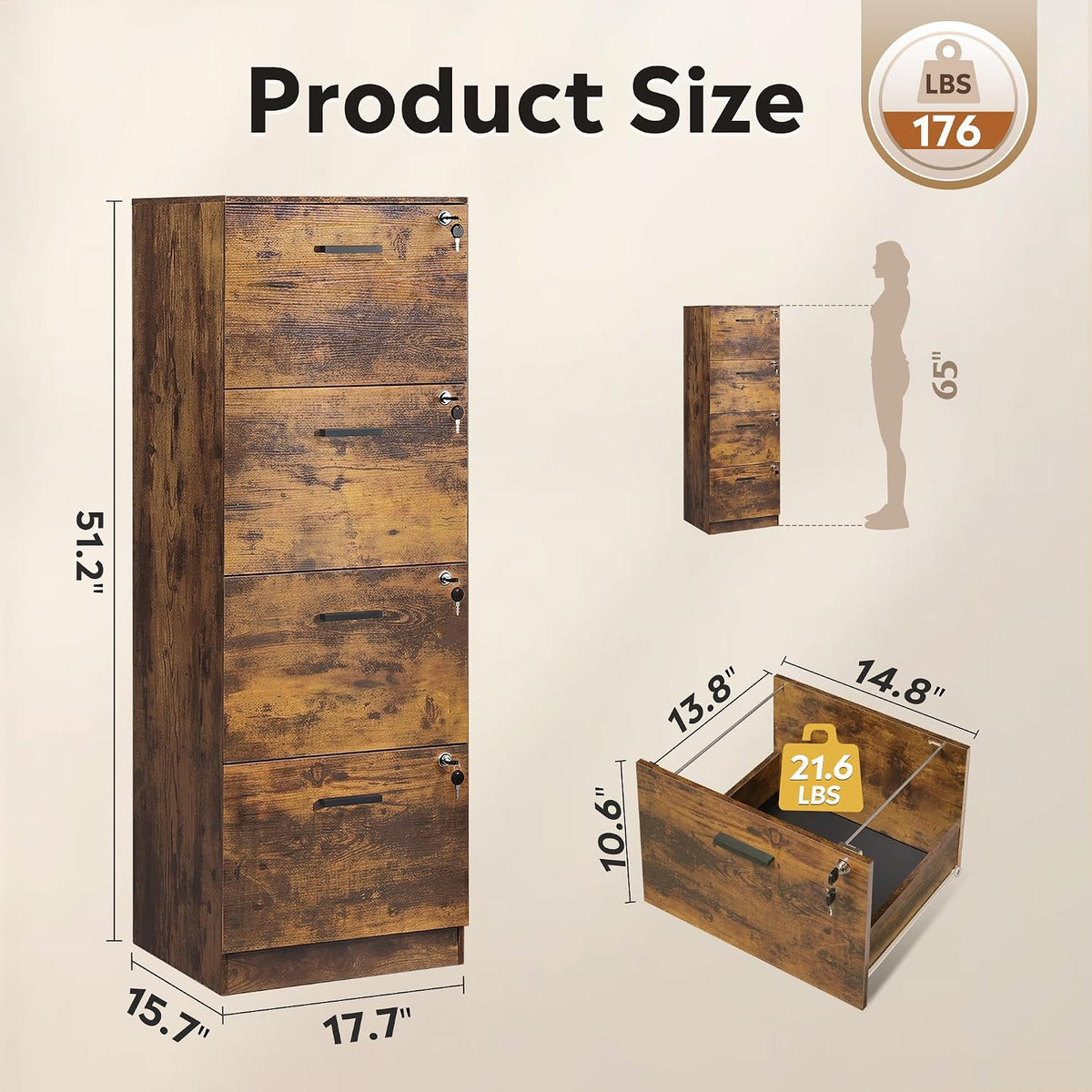 devaise 4 drawer wood file cabinet for home, close-up detail