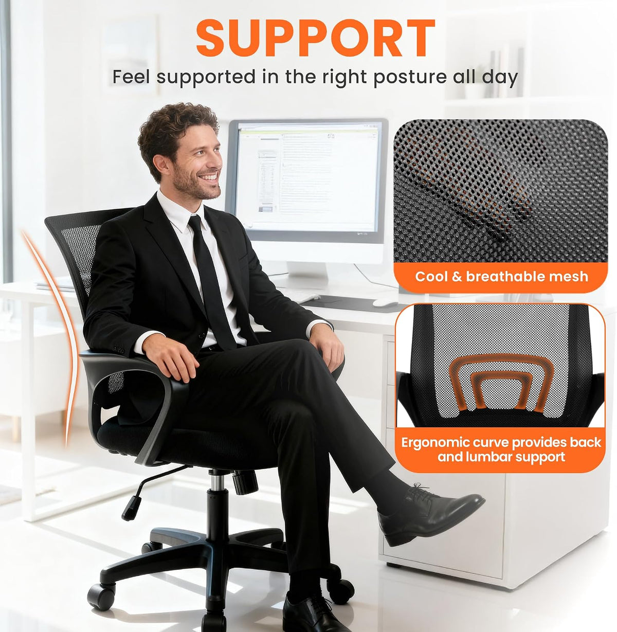 neo chair office computer chair ergonomic mid-back mesh showing dimensions