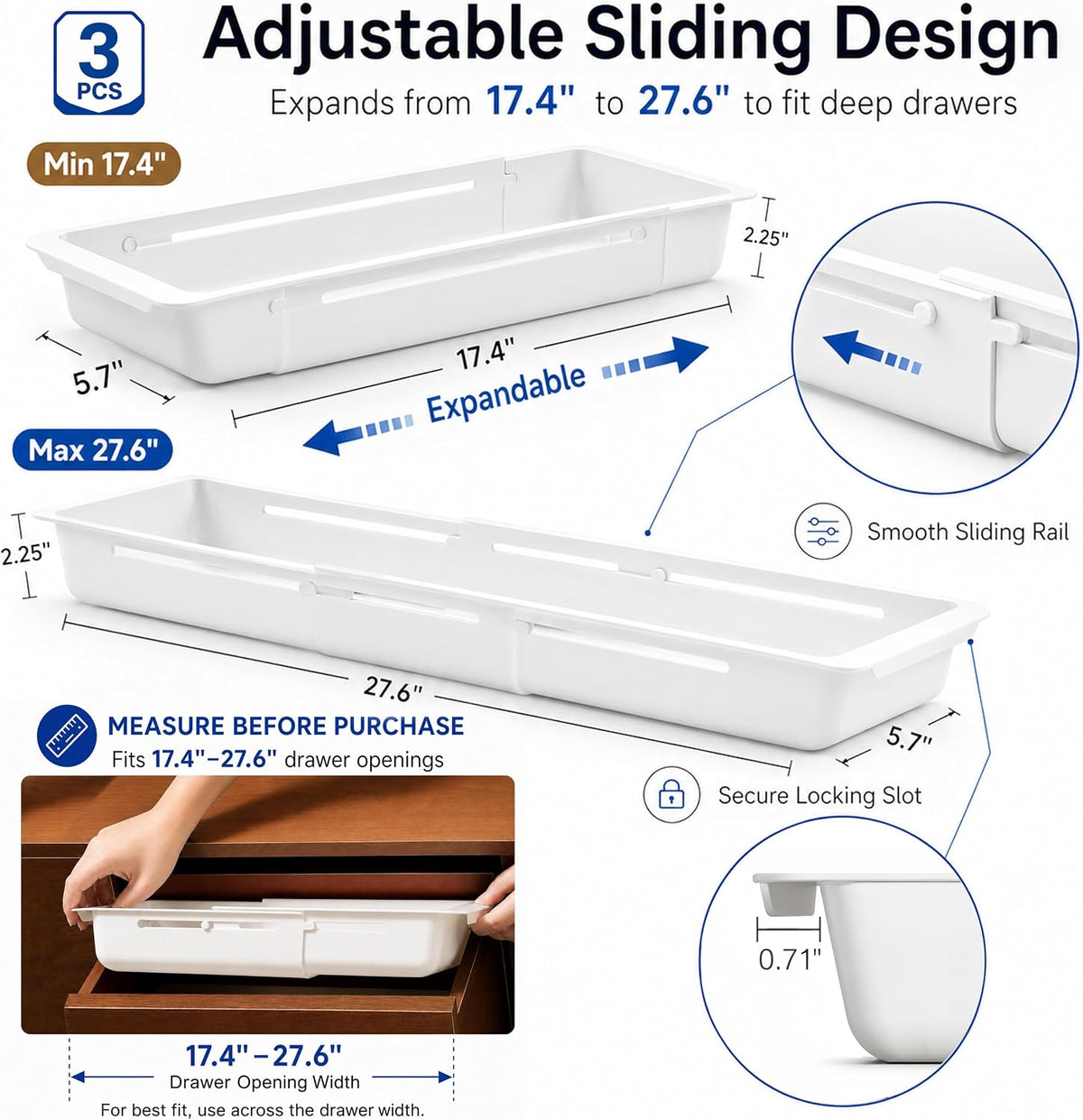3-Pack Expandable Drawer Organizer for Deep Drawers, Adjustable 17–27 in Stor...
