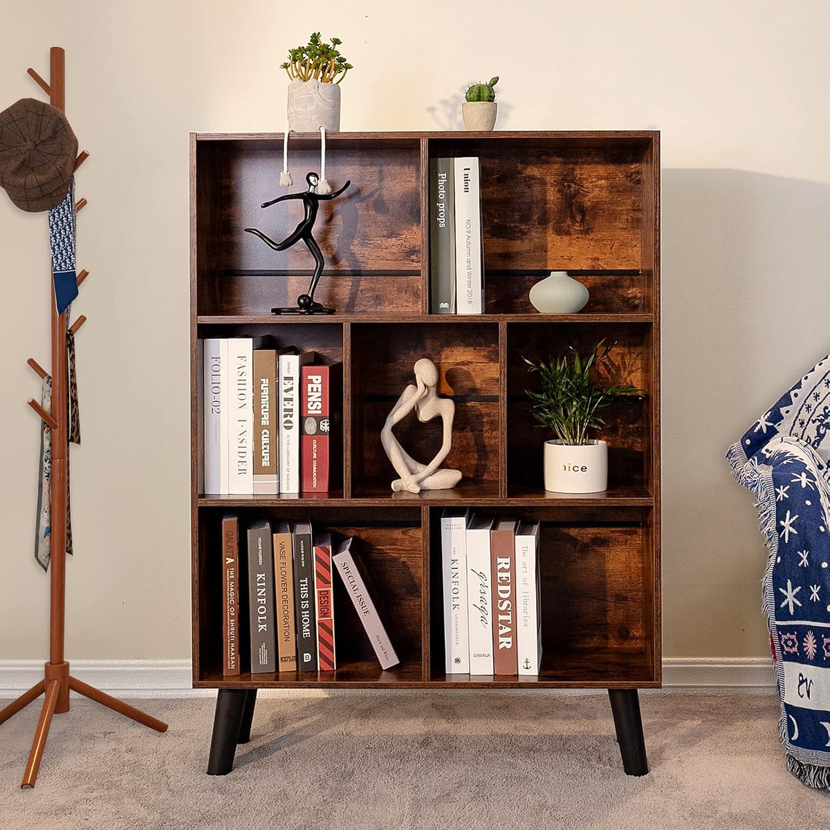 LEYAOYAO Cube Bookshelf, Mid-Century Modern Book Shelf with Legs, Brown