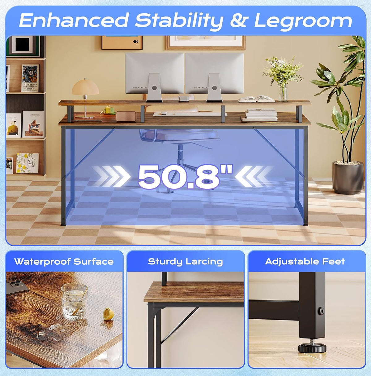 PRAISUN 55 inch Gaming Desk, LED & Outlets, Monitor Stand, Rustic Brown