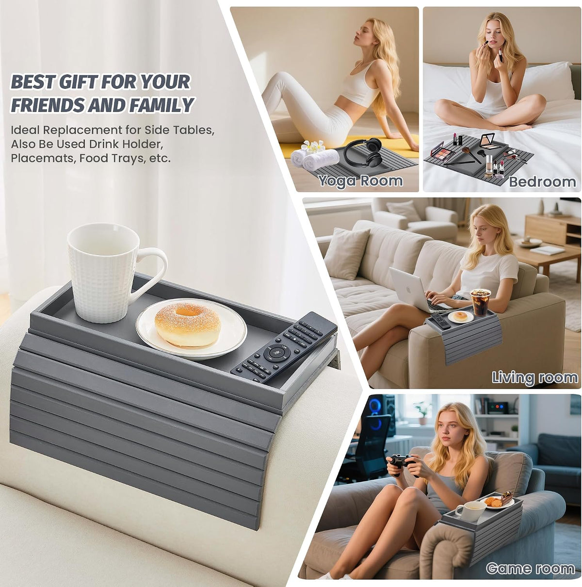 GEHE Bamboo Sofa Arm Tray, Foldable Couch Arm Tray Side Table, Anti-Falling A...