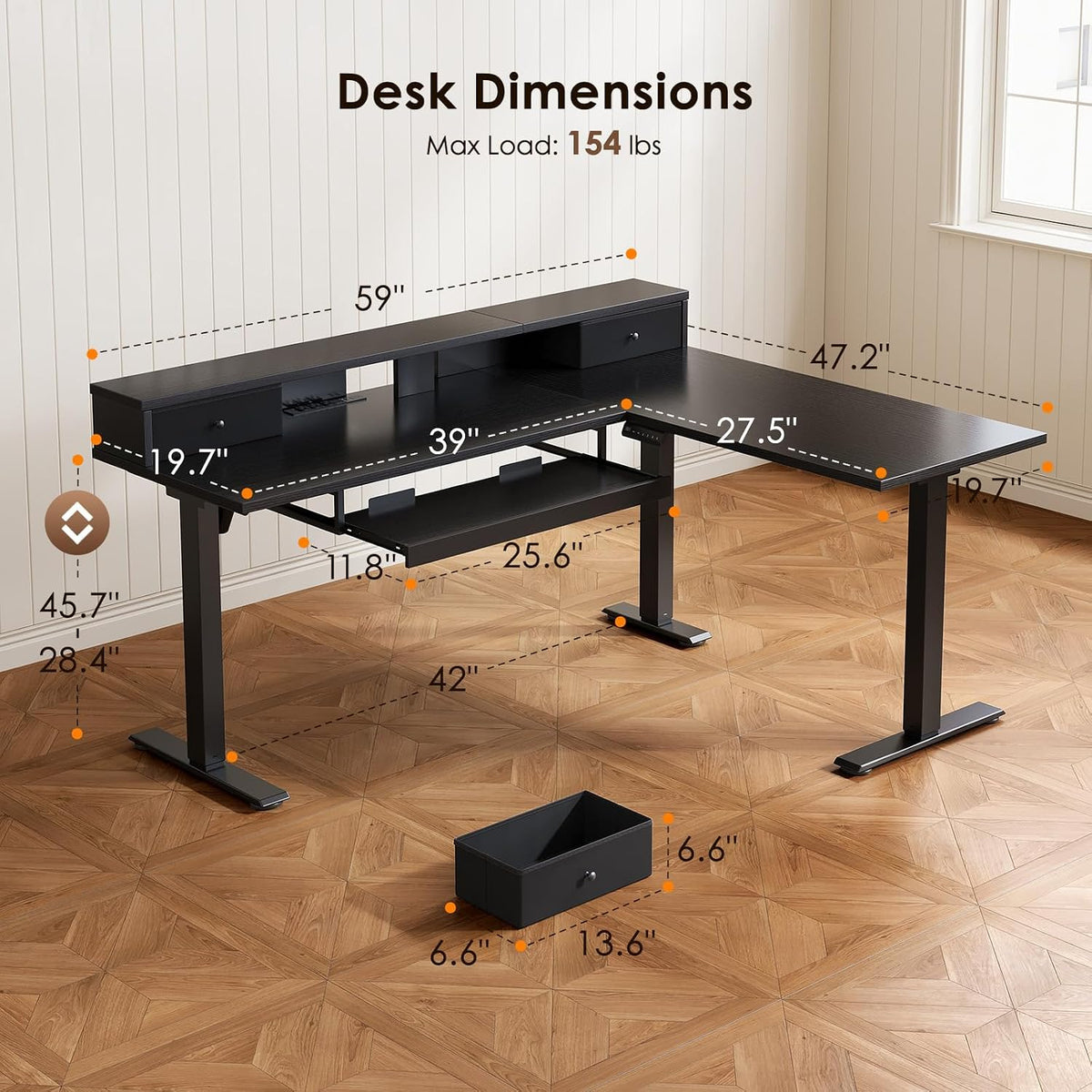 OffiGo 59 Inch L Shaped Electric Standing Desk with Drawers, Black