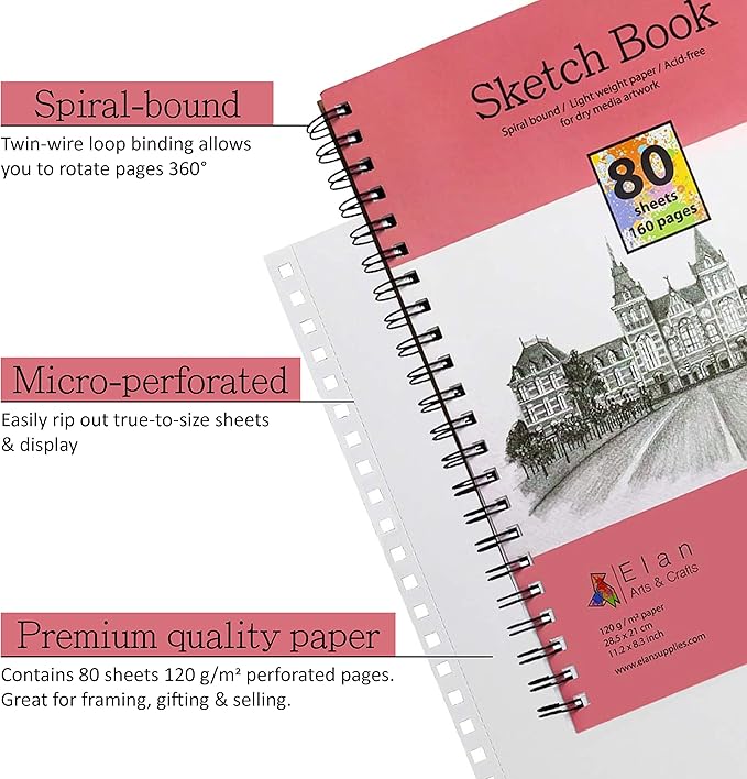 Elan A4 Sketchbook, 80 Sheets Italian Paper 80 lb/120 GSM, Acid-Free Sketch - Image 2