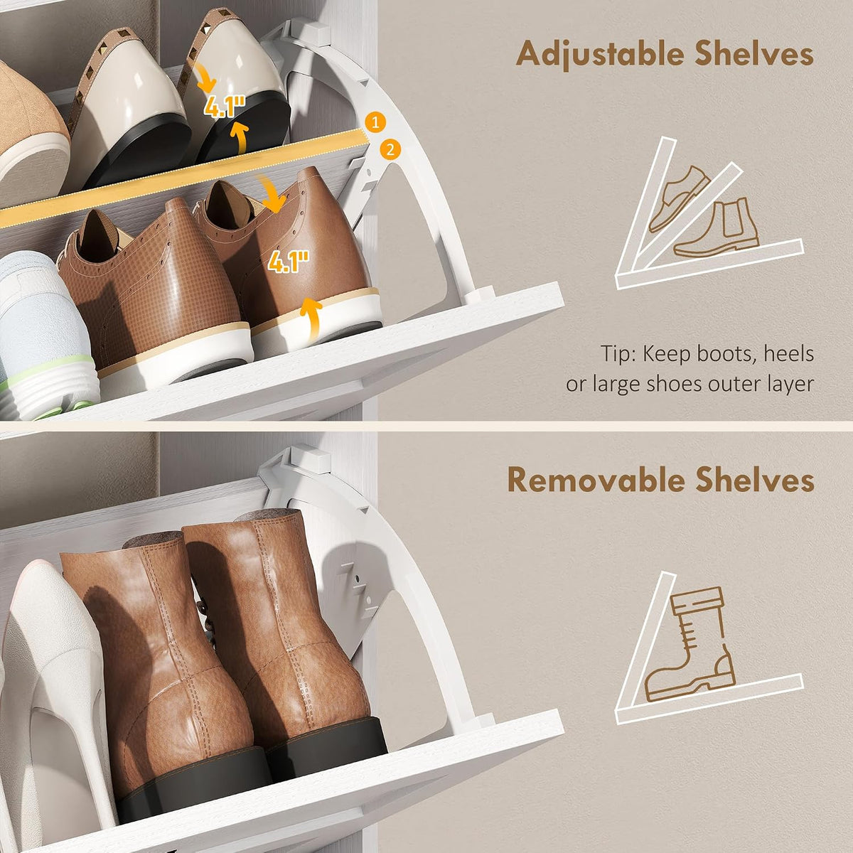 HOMCOM Shoe Cabinet with 2 Flip Drawers, Narrow, Adjustable Shelves, White