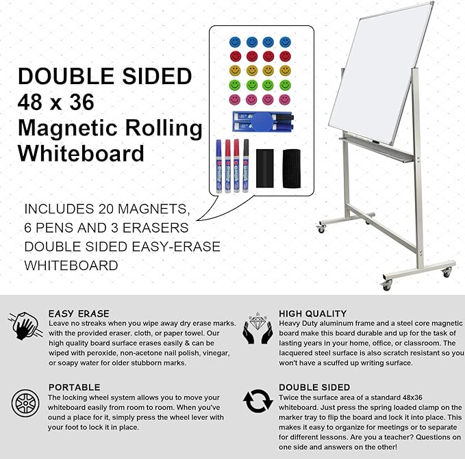 Double-Sided Mobile Whiteboard Magnet Dry Erase Board on Wheels - Image 2