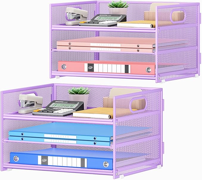 Subekyu 2-Pack 3-Tier Purple Metal Mesh Desk Paper Letter Tray & File Sorter by SUBEKYU