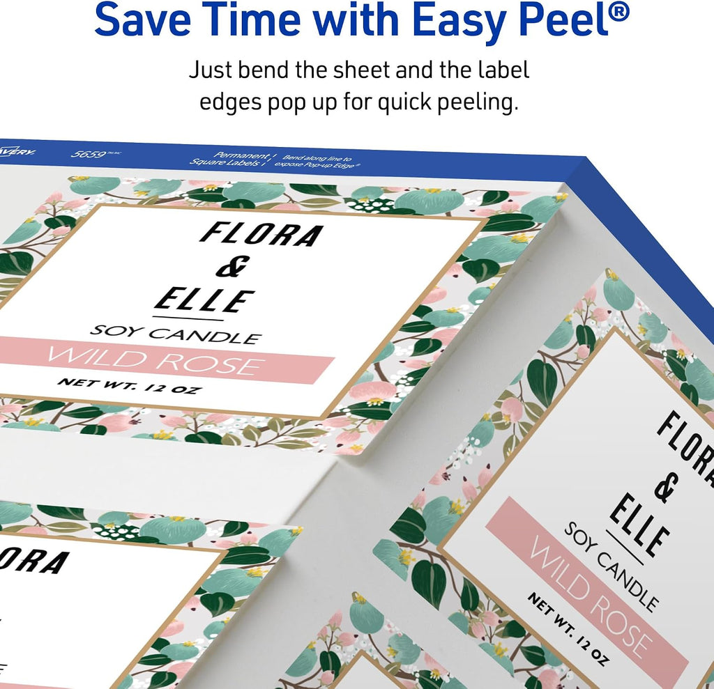 Avery® Printable Square Labels, Sure Feed® Technology, 3" x 3", Matte White, Permanent Adhesive, Laser/Inkjet Printable, 150 Blank Labels, Great for Product Merchandising, Stickers, and More (5659)