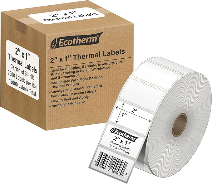 2"x1" Thermal Labels for Rollo, Offnova Label Printers and More by EcothermProducts