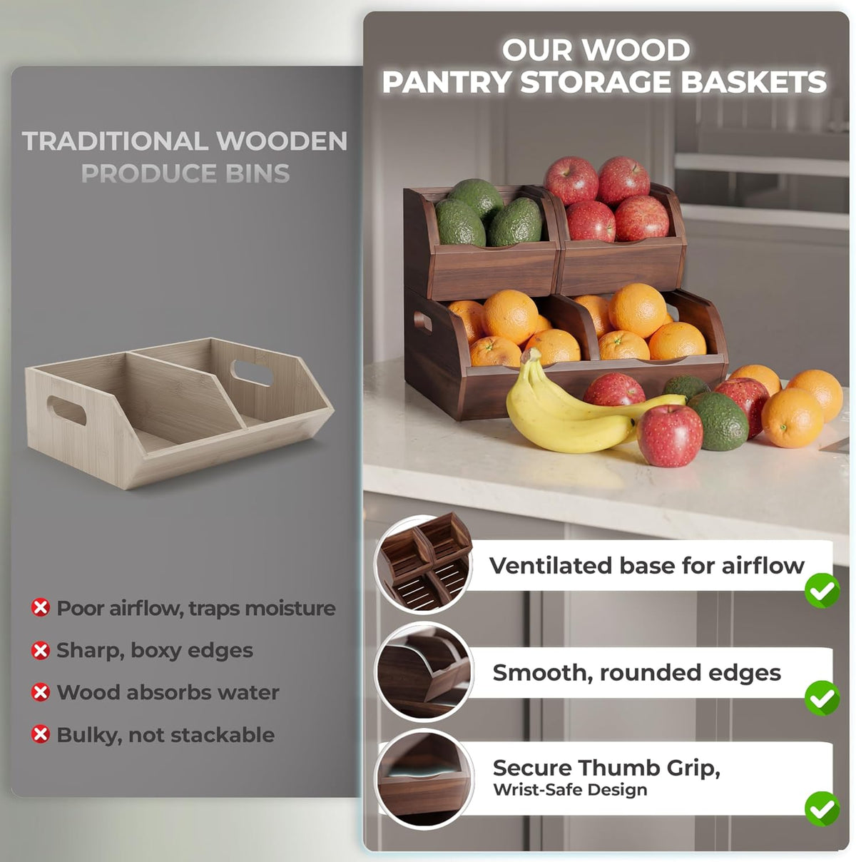 acacia wood pantry storage bins - stackable open, side view