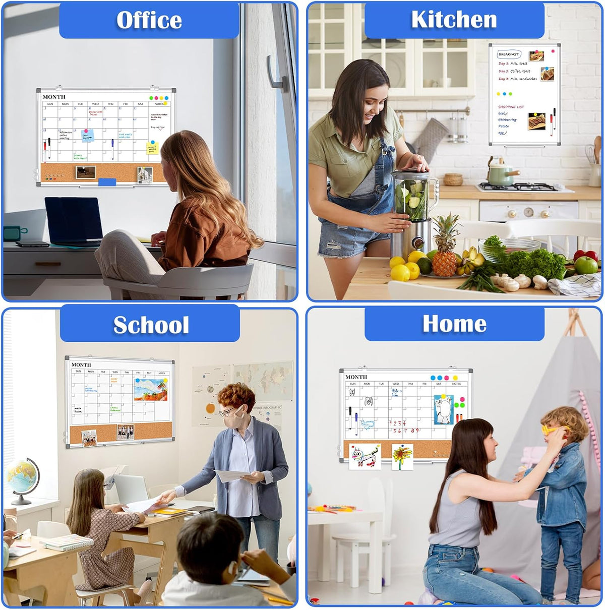 Dry Erase Calendar Whiteboard for Wall, 24" x 18" Monthly Cork Whit...