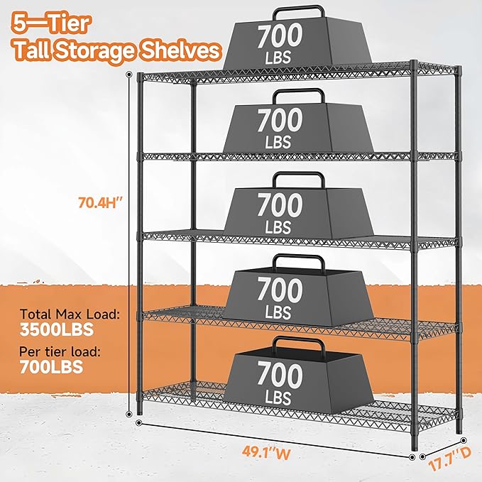 M MZG 5 Tiers Storage Shelves Load 3300LBS, Metal Shelving Wire Metal Shelving - Image 3