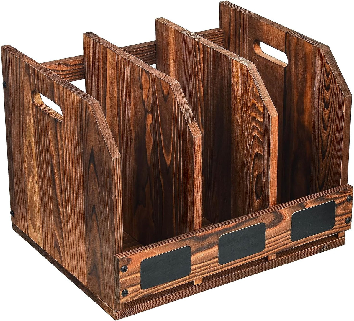Rustic Torched Brown Wooden Desktop Document Organizer Office Chalkboard Labe...