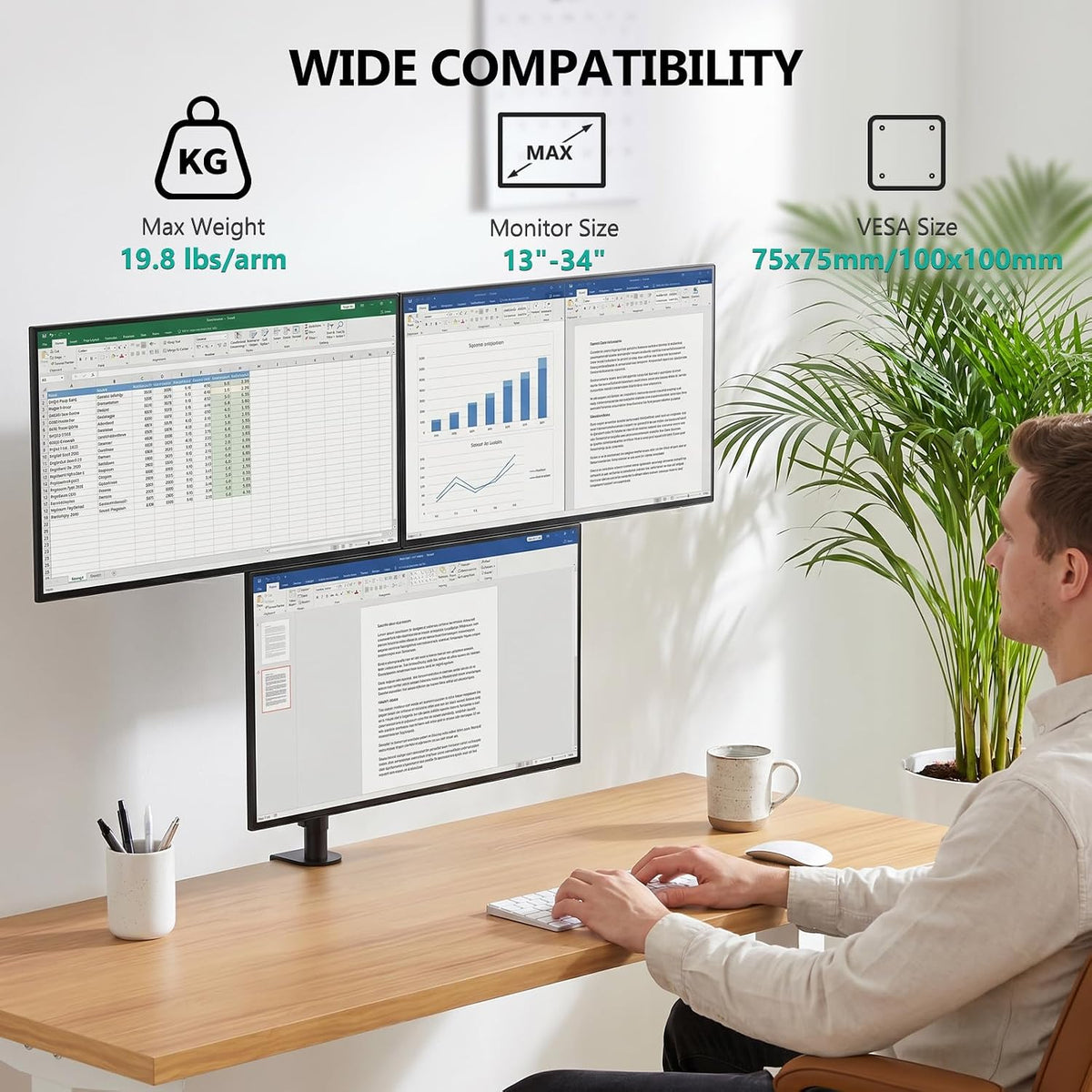 WALI Stacked Triple Monitor Mount for 13-34 inch Screens, 19.8 lbs per Arm