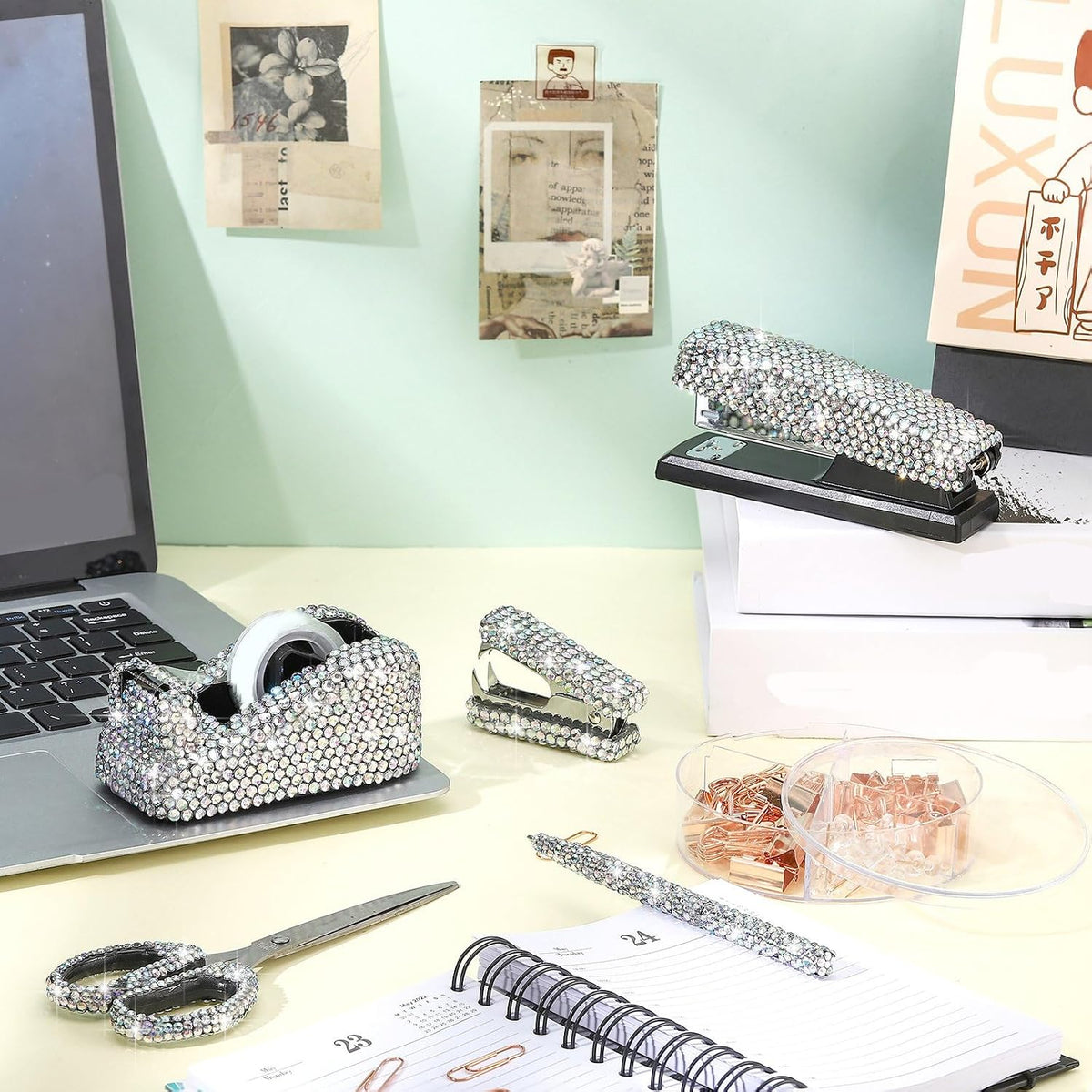 Demissle 6 Pcs Bling Office Desk Accessories Crystal Kit, White