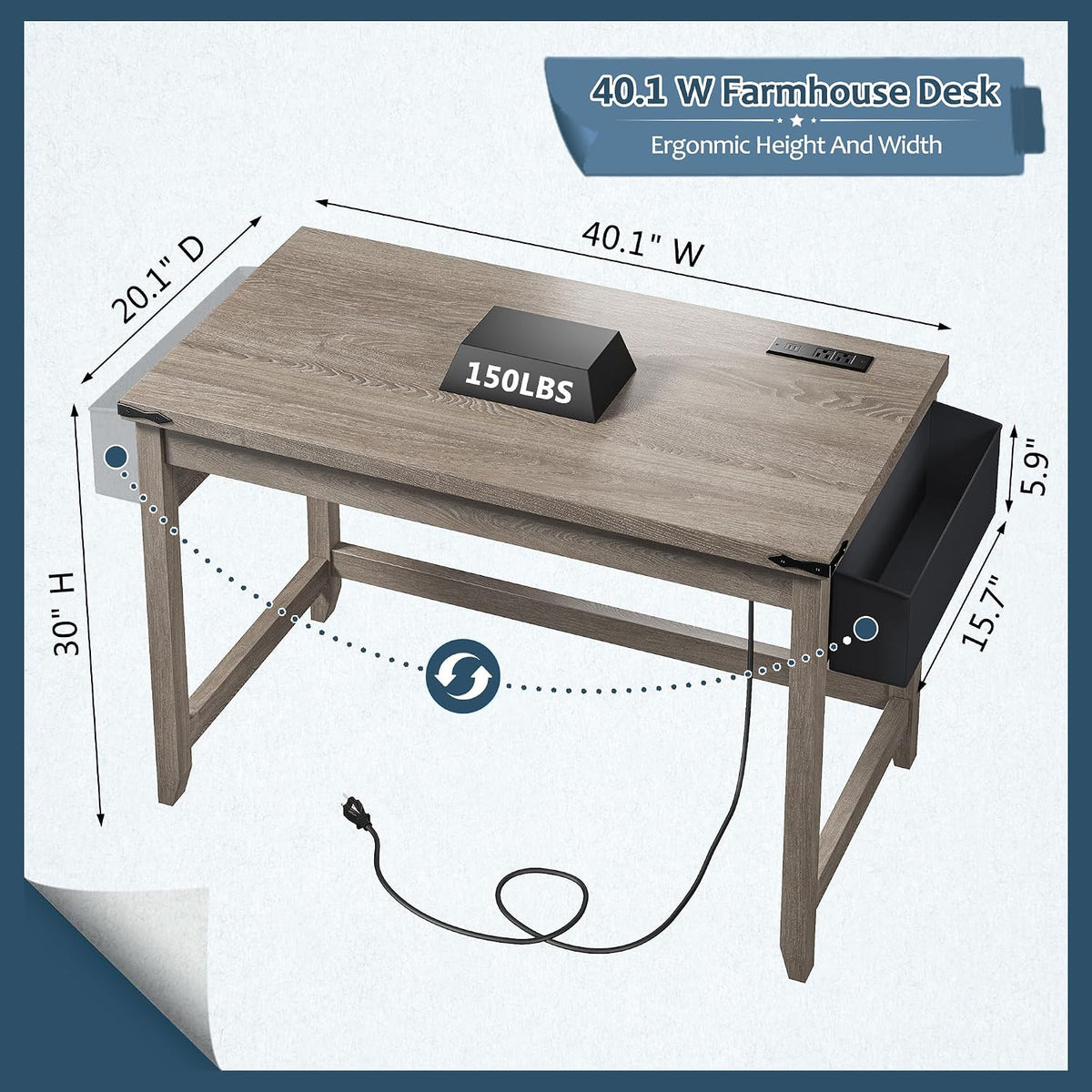 EnHomee 40" Writing Desk with Storage Bag & Power Outlet for Small S...