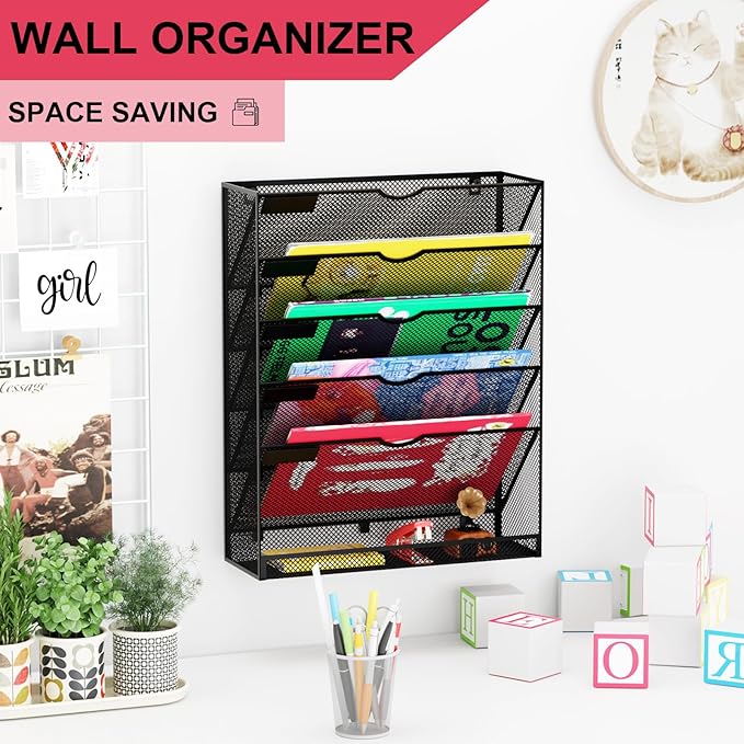GDINDINFAN Hanging Wall File Organizer 6 Tier Wall Mounted Mail Paper Folder - Image 2