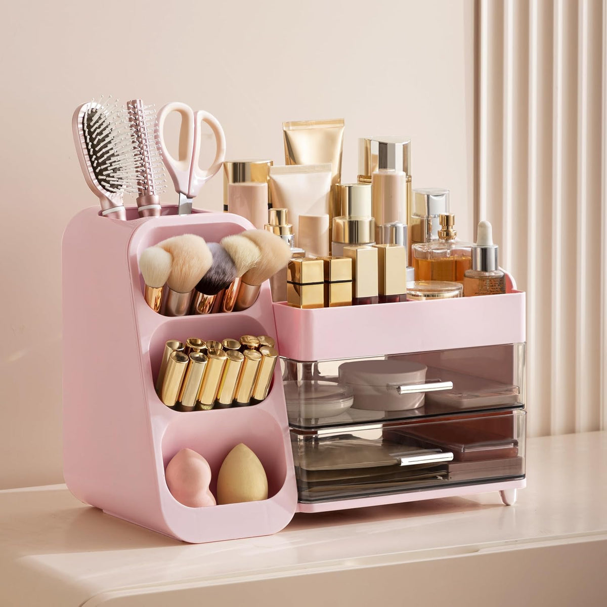 HBlife Makeup Organizer with Brush Holder for Vanity, Large Plastic Bathroom ...