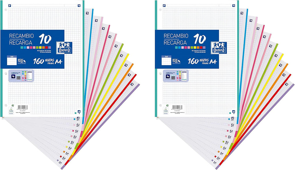 Oxford, A4 Squared Sheets, Pack of 2 Refills, Band 10 Colours, 160 Sheets, 5 x 5 Grid