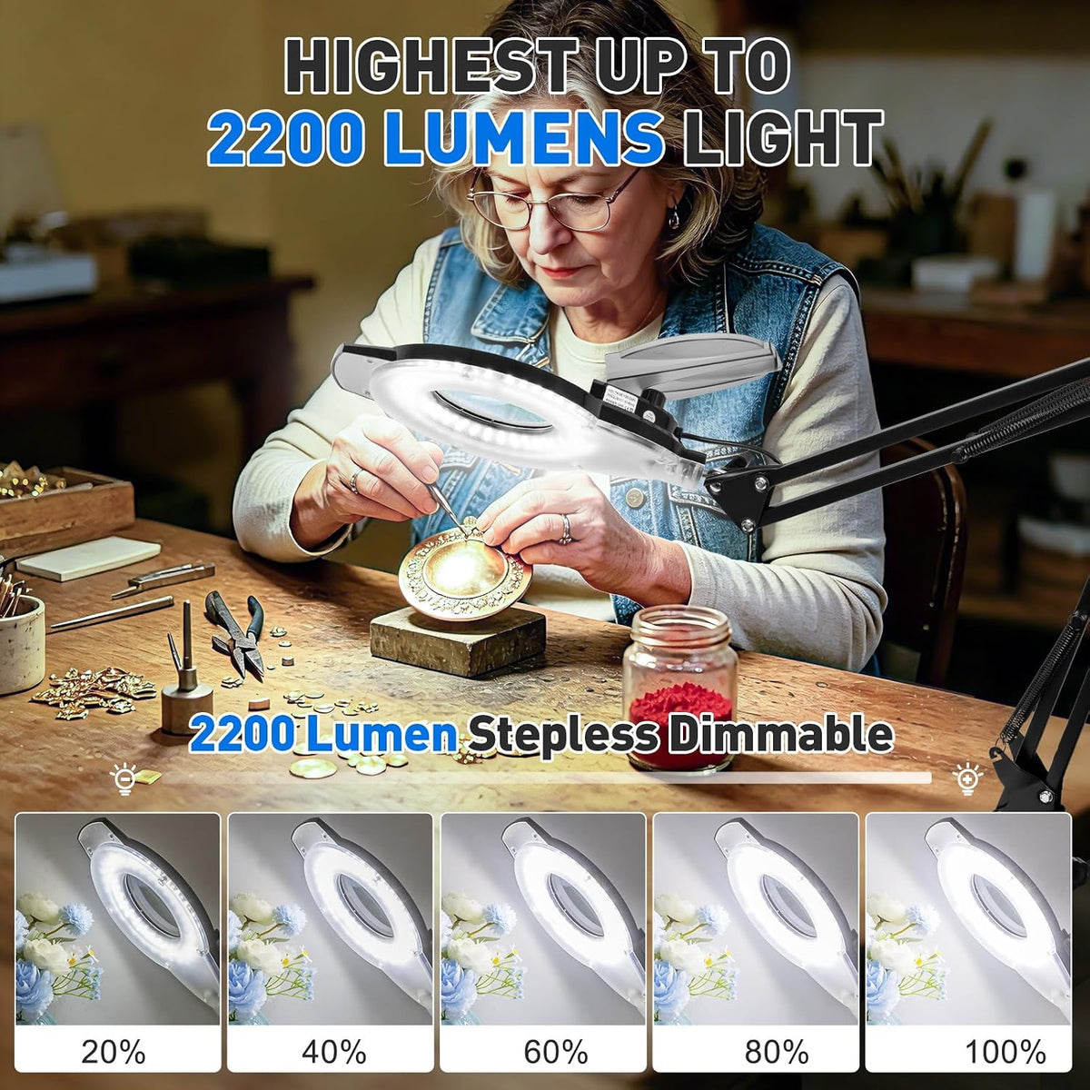 kirkas led magnifying lamp with clamp, 2,200 lumens, side view