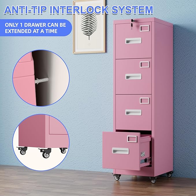 METAN 4 Drawer File Cabinet on Wheels, Lockable Metal Filing Cabinet - Image 6
