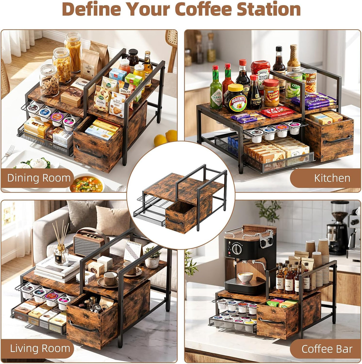 Coffee Bar Organizer For Countertop, with Sliding Storage Drawer