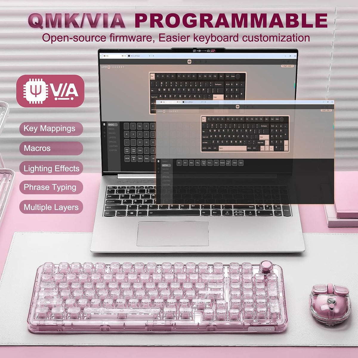 YUNZII X98 Wireless Mechanical Keyboard with Knob (Pink, Crystal Switch)