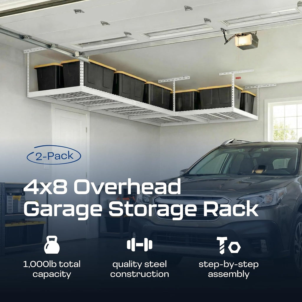 monsterrax 2-pack 4x8 overhead garage storage rack, white shown in use