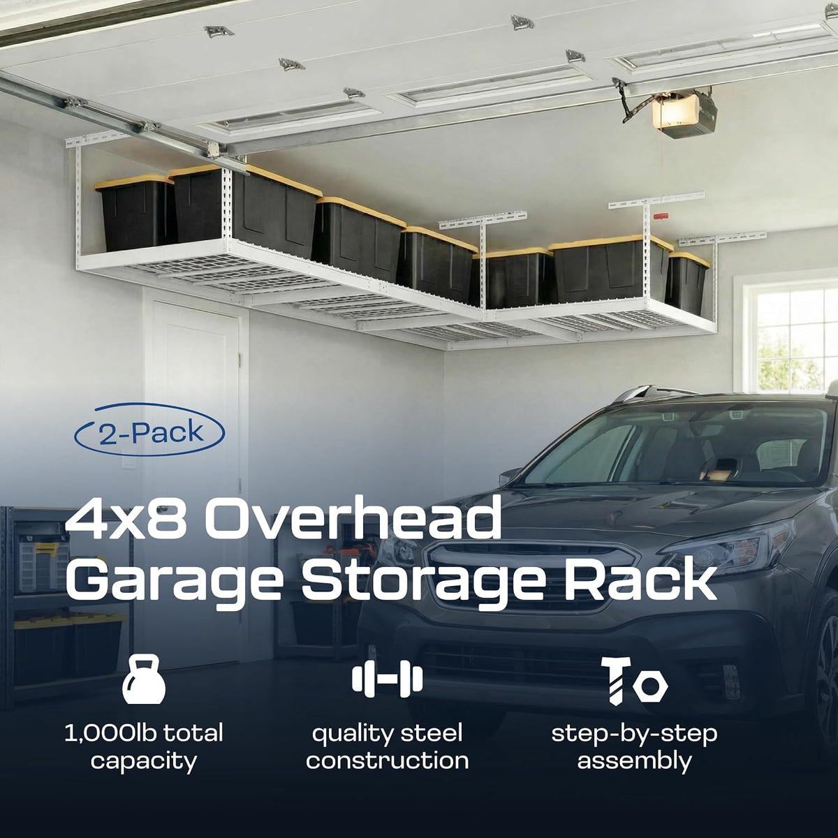 monsterrax 2-pack 4x8 overhead garage storage rack, white shown in use