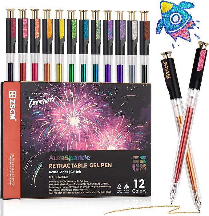 ZSCM Retractable Super Glitter Gel Pens, 12 Colors Large Capacity Metallic by ZSCM