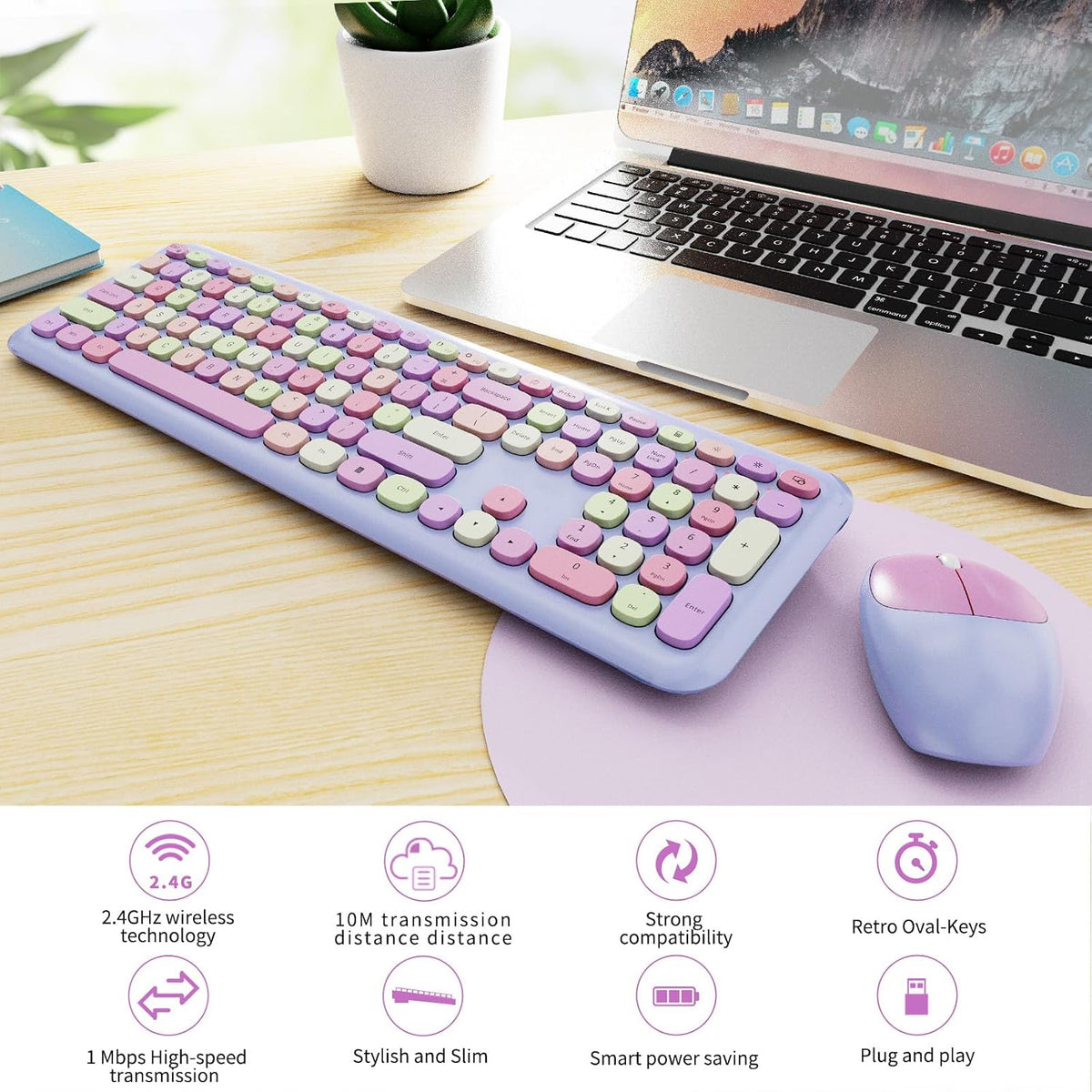 Wireless Keyboard and Mouse Combo, Colorful Ergonomic Full Size Retro Low-Noi...