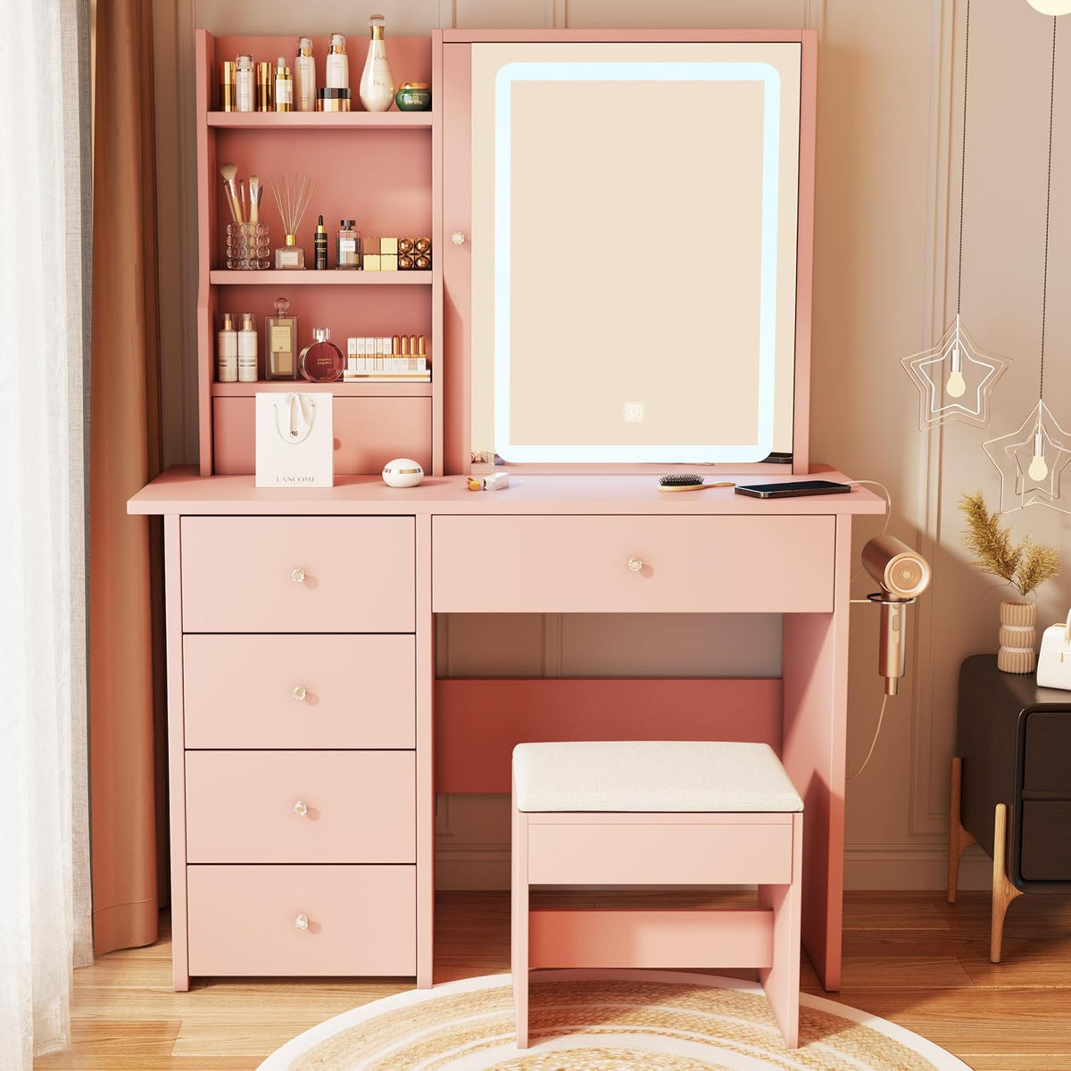 Vanity Desk with Mirror and LED Lights, Makeup Vanity Set with Power Outlet, ...
